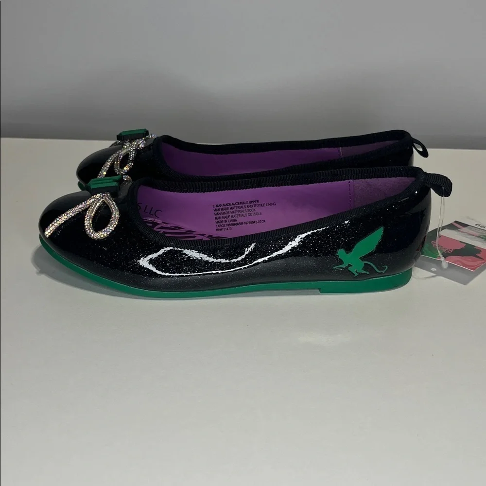 NEW 💜🖤💚Wicked Black + Purple Ballet Flats Girls Size 2 with faux diamond bow